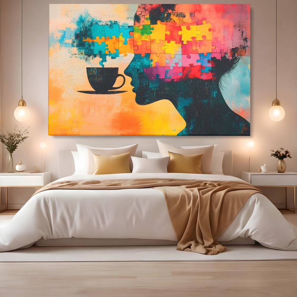 Tablou canvas cu tablou canvas cu silueta de femeie si puzzle, fara rama, pe sasiu de lemn, pe perete intr-un dormitor